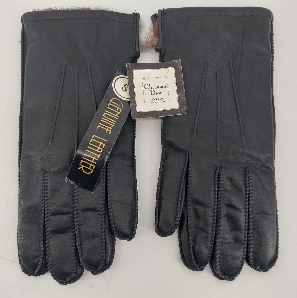 Christian Dior Monsieur Black Leather Gloves Fur Lined Black Size Small
